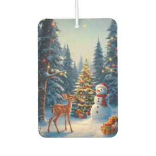 Christmas Tree Scene Cute Deer Fawn Snowman Car Air Freshener