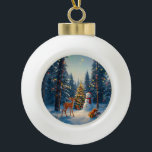 Christmas Tree Scene Cute Deer Fawn Snowman Ceramic Ball Christmas Ornament<br><div class="desc">A winter wonderland scene with a cute fawn,  a happy snowman,  and a Christmas tree with colourful decorations and lights in a snowy forest.</div>