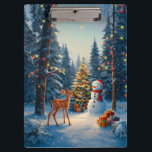 Christmas Tree Scene Cute Deer Fawn Snowman Clipboard<br><div class="desc">A winter wonderland scene with a cute fawn,  a happy snowman,  and a Christmas tree with colourful decorations and lights in a snowy forest.</div>