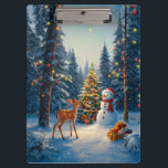 Christmas Tree Scene Cute Deer Fawn Snowman Clipboard<br><div class="desc">A winter wonderland scene with a cute fawn,  a happy snowman,  and a Christmas tree with colourful decorations and lights in a snowy forest.</div>