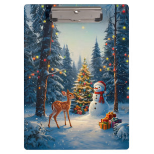 Christmas Tree Scene Cute Deer Fawn Snowman Clipboard