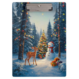 Christmas Tree Scene Cute Deer Fawn Snowman Clipboard