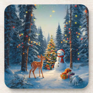 Christmas Tree Scene Cute Deer Fawn Snowman Coaster