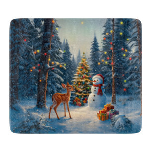 Christmas Tree Scene Cute Deer Fawn Snowman Cutting Board