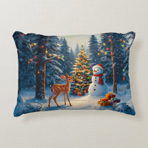 Christmas Tree Scene Cute Deer Fawn Snowman Decorative Cushion