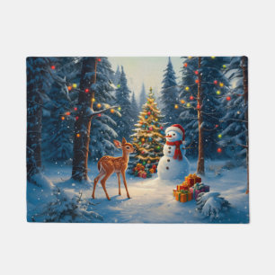 Christmas Tree Scene Cute Deer Fawn Snowman Doormat