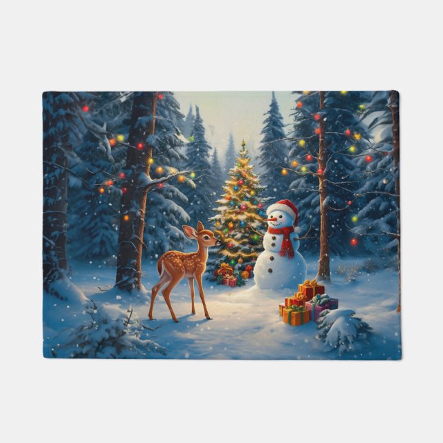 Christmas Tree Scene Cute Deer Fawn Snowman Doormat (Front)