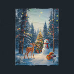 Christmas Tree Scene Cute Deer Fawn Snowman Fleece Blanket<br><div class="desc">A winter wonderland scene with a cute fawn,  a happy snowman,  and a Christmas tree with colourful decorations and lights in a snowy forest.</div>