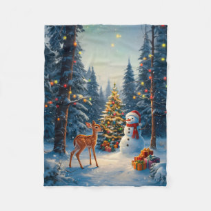 Christmas Tree Scene Cute Deer Fawn Snowman Fleece Blanket