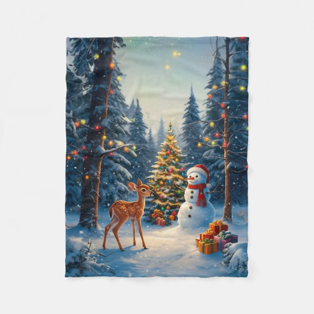 Christmas Tree Scene Cute Deer Fawn Snowman Fleece Blanket (Front)