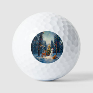 Christmas Tree Scene Cute Deer Fawn Snowman Golf Balls