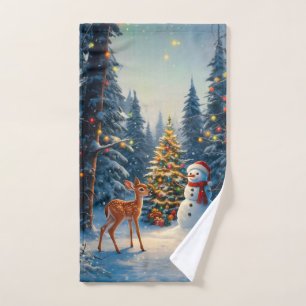 Christmas Tree Scene Cute Deer Fawn Snowman Hand Towel
