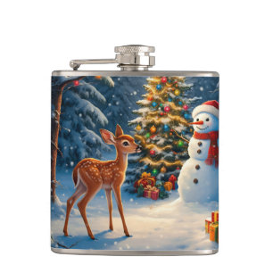 Christmas Tree Scene Cute Deer Fawn Snowman Hip Flask