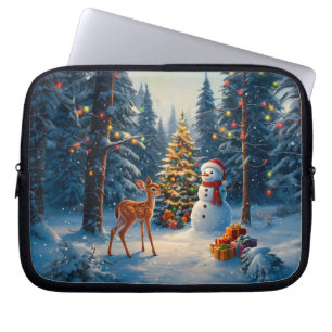 Christmas Tree Scene Cute Deer Fawn Snowman Laptop Sleeve
