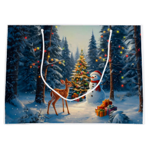 Christmas Tree Scene Cute Deer Fawn Snowman Large Gift Bag