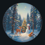 Christmas Tree Scene Cute Deer Fawn Snowman Magnet<br><div class="desc">A winter wonderland scene with a cute fawn,  a happy snowman,  and a Christmas tree with colourful decorations and lights in a snowy forest.</div>