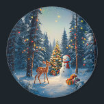 Christmas Tree Scene Cute Deer Fawn Snowman Magnet<br><div class="desc">A winter wonderland scene with a cute fawn,  a happy snowman,  and a Christmas tree with colourful decorations and lights in a snowy forest.</div>