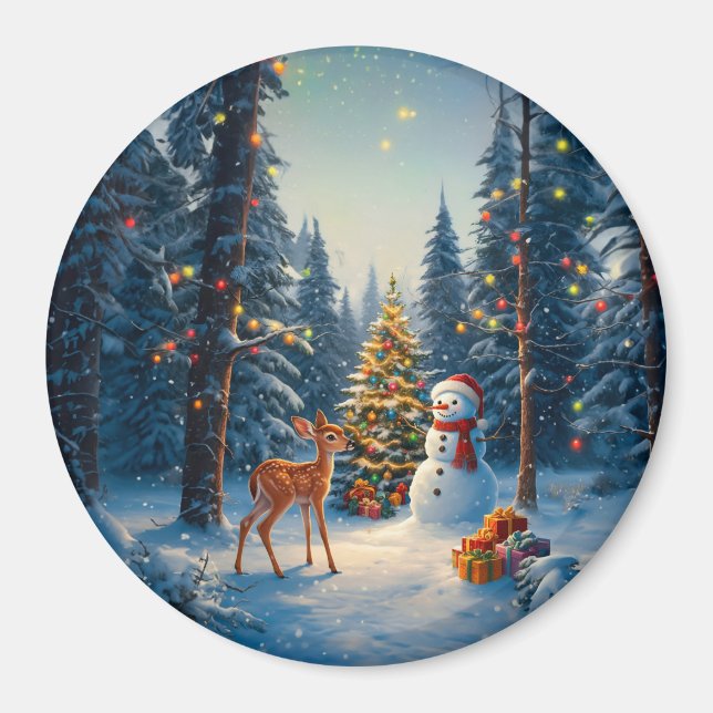 Christmas Tree Scene Cute Deer Fawn Snowman Magnet (Front)