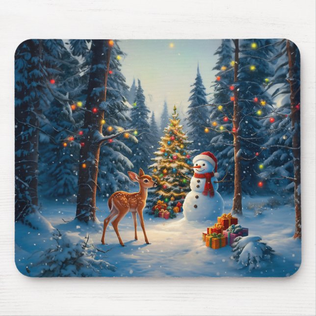 Christmas Tree Scene Cute Deer Fawn Snowman Mouse Mat (Front)