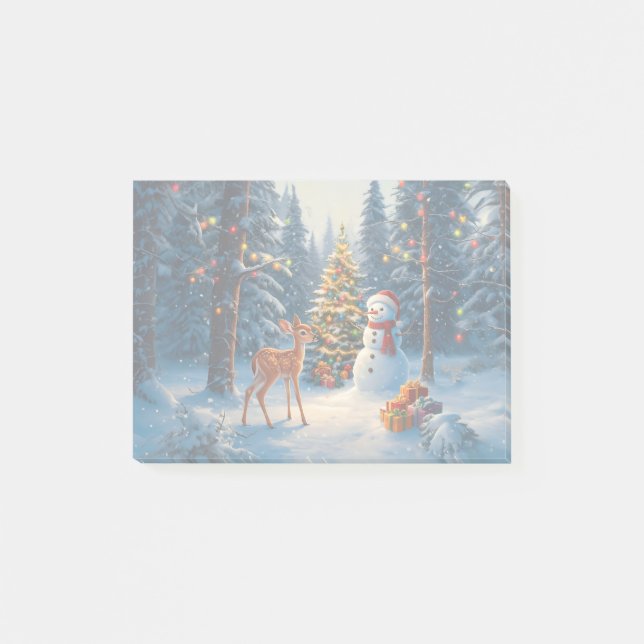 Christmas Tree Scene Cute Deer Fawn Snowman Post-it Notes (Front)