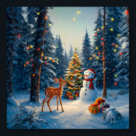 Christmas Tree Scene Cute Deer Fawn Snowman Poster<br><div class="desc">A winter wonderland scene with a cute fawn,  a happy snowman,  and a Christmas tree with colourful decorations and lights in a snowy forest.</div>