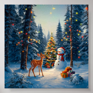 Christmas Tree Scene Cute Deer Fawn Snowman Poster