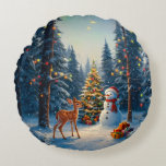 Christmas Tree Scene Cute Deer Fawn Snowman Round Cushion<br><div class="desc">A winter wonderland scene with a cute fawn,  a happy snowman,  and a Christmas tree with colourful decorations and lights in a snowy forest.</div>