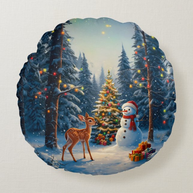 Christmas Tree Scene Cute Deer Fawn Snowman Round Cushion (Front)