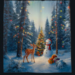 Christmas Tree Scene Cute Deer Fawn Snowman Shower Curtain<br><div class="desc">A winter wonderland scene with a cute fawn,  a happy snowman,  and a Christmas tree with colourful decorations and lights in a snowy forest.</div>