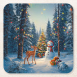 Christmas Tree Scene Cute Deer Fawn Snowman Square Paper Coaster<br><div class="desc">A winter wonderland scene with a cute fawn,  a happy snowman,  and a Christmas tree with colourful decorations and lights in a snowy forest.</div>