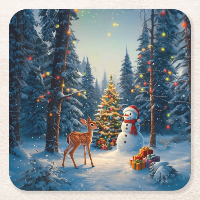 Christmas Tree Scene Cute Deer Fawn Snowman Square Paper Coaster (Front)
