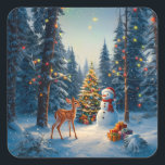 Christmas Tree Scene Cute Deer Fawn Snowman Square Sticker<br><div class="desc">A winter wonderland scene with a cute fawn,  a happy snowman,  and a Christmas tree with colourful decorations and lights in a snowy forest.</div>