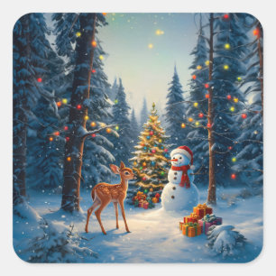 Christmas Tree Scene Cute Deer Fawn Snowman Square Sticker