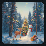 Christmas Tree Scene Cute Deer Fawn Snowman Square Sticker<br><div class="desc">A winter wonderland scene with a cute fawn,  a happy snowman,  and a Christmas tree with colourful decorations and lights in a snowy forest.</div>