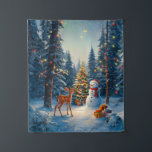 Christmas Tree Scene Cute Deer Fawn Snowman Tapestry<br><div class="desc">A winter wonderland scene with a cute fawn,  a happy snowman,  and a Christmas tree with colourful decorations and lights in a snowy forest.</div>
