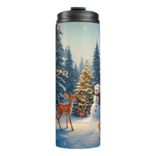 Christmas Tree Scene Cute Deer Fawn Snowman Thermal Tumbler
