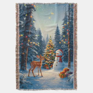 Christmas Tree Scene Cute Deer Fawn Snowman Throw Blanket