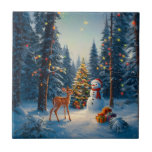 Christmas Tree Scene Cute Deer Fawn Snowman Tile<br><div class="desc">A winter wonderland scene with a cute fawn,  a happy snowman,  and a Christmas tree with colourful decorations and lights in a snowy forest.</div>