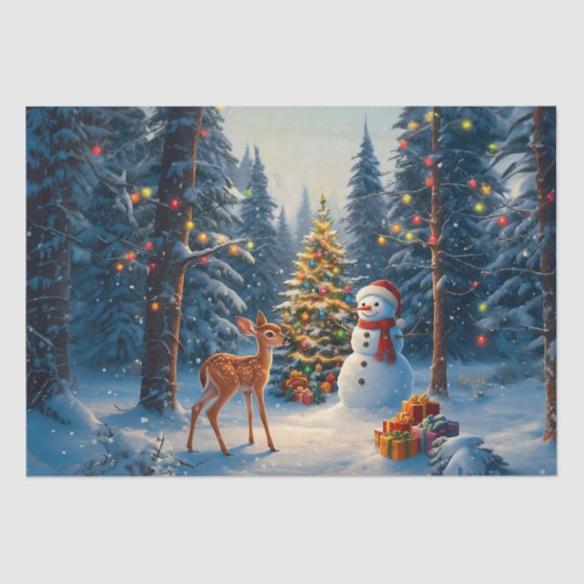 Christmas Tree Scene Cute Deer Fawn Snowman Tissue Paper (Front)