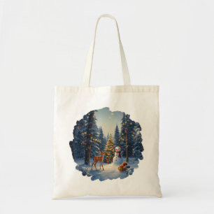 Christmas Tree Scene Cute Deer Fawn Snowman Tote Bag