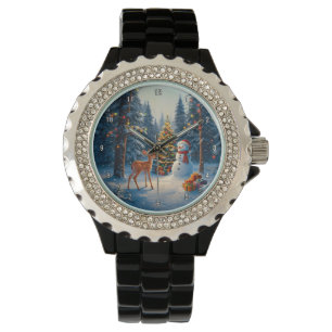 Christmas Tree Scene Cute Deer Fawn Snowman Watch