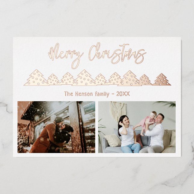 Christmas Tree Script Family 2 Photo Rose Gold Foil Holiday Card (Front)