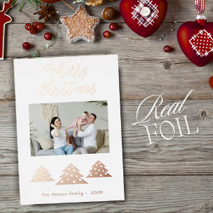 Christmas Tree Script Minimalist Family Photo Foil Holiday Card