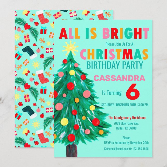 Christmas Tree Sea Green Christmas Birthday Party Invitation (Front/Back)