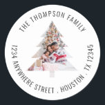 Christmas Tree Shape Photo Return Name Address Classic Round Sticker<br><div class="desc">Christmas Tree Shape Photo Return Name Address. Your return name and address details,  which you can easily personalise,  are curved above and below your photo in a Christmas tree shape. Simply replace he sample image with your own.</div>