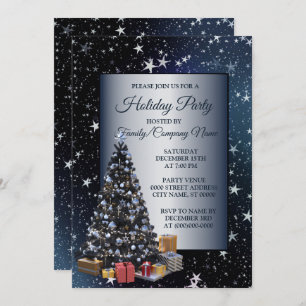 Christmas Tree Shiny Stars Navy Blue Holidays Invitation