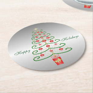 Christmas Tree Silver Coloured Christmas Round Paper Coaster