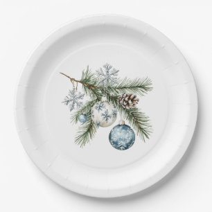 Christmas Tree Silver Snowflakes Blue Ornaments Paper Plate