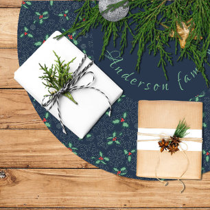 Christmas tree skirt, holly and snowflakes on blue brushed polyester tree skirt