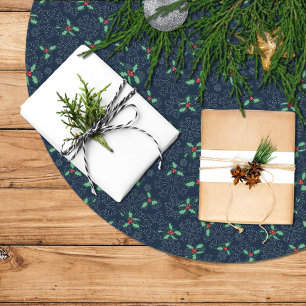 Christmas tree skirt, holly and snowflakes on blue brushed polyester tree skirt